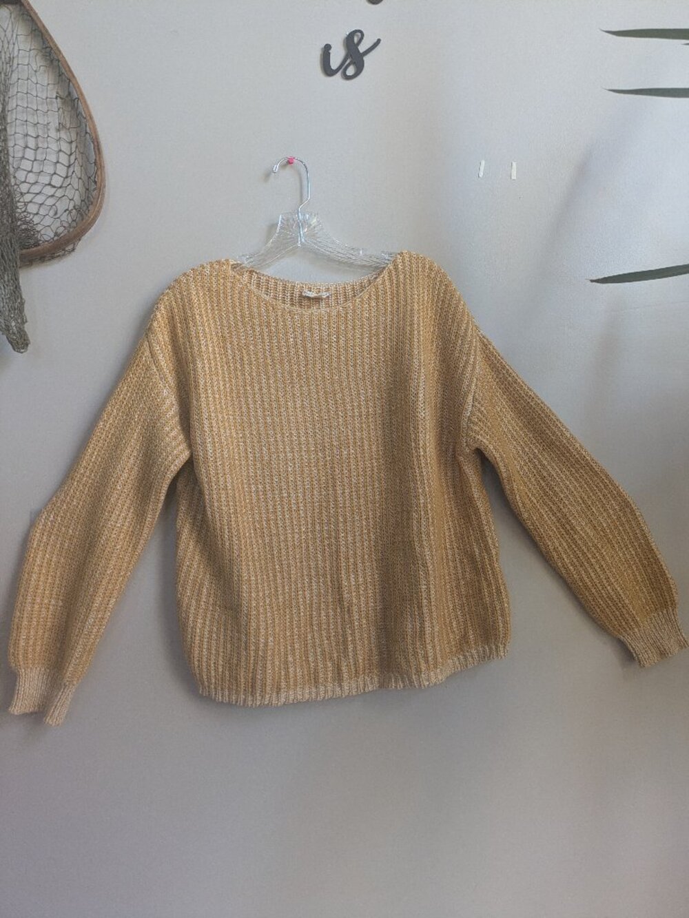 hem & thread 100% cotton mustard and white knit long sleeve sweater size S #685